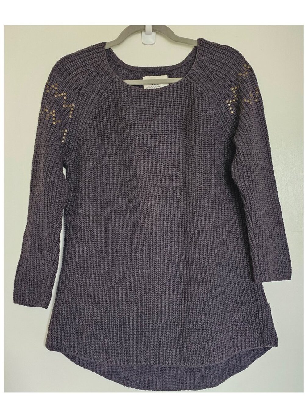 H&M Studded Embellished Shoulder High Low Rib Knit Sweater M Gray